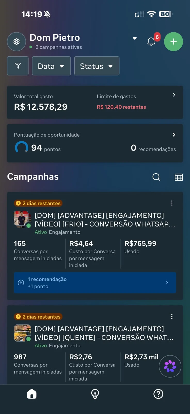Conta de anúncios de um cliente no Gerenciador de Anúncios, com campanhas de conversa no WhatsApp